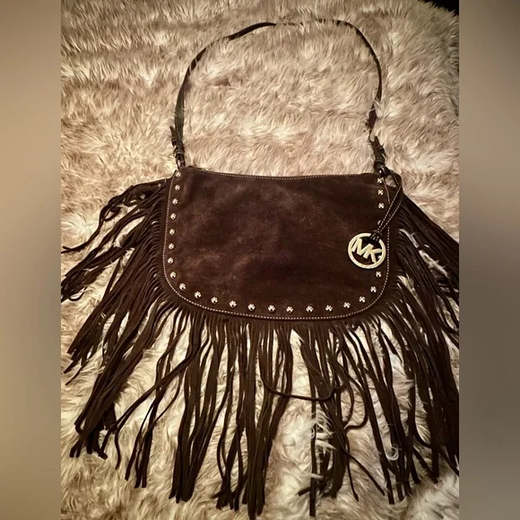 Michael Kors Brown Suede Saddle Bag with Fringe - Picture 2 of 5